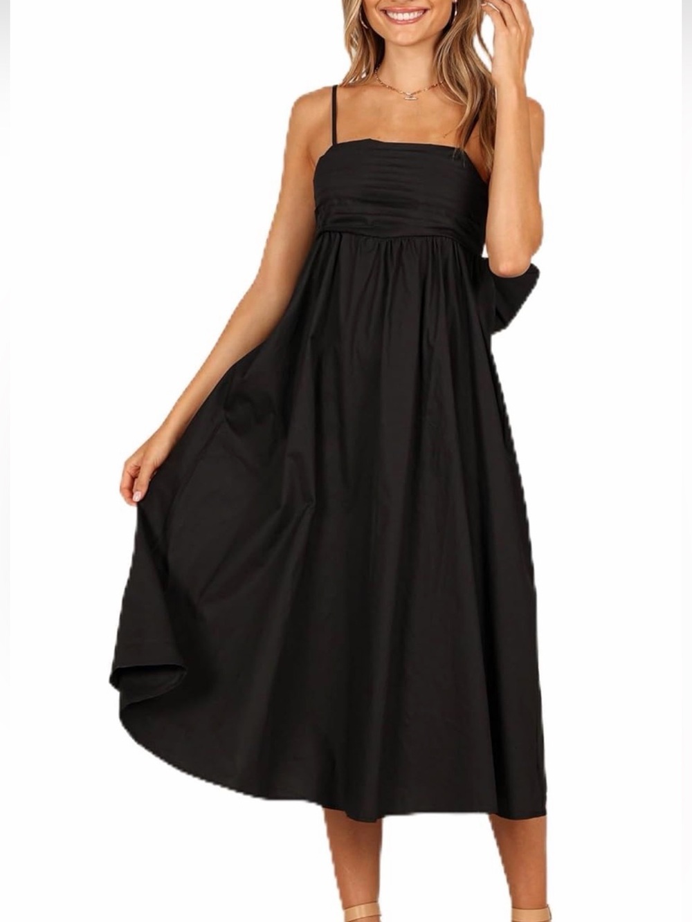 NWOT Petal & Pup Black Spaghetti-Strap Midi Dress w back bow, Small